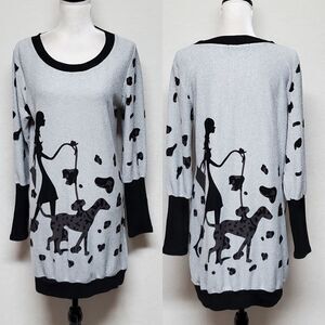 ALLEGRA-K Walking Dalmatian Gray Black Scoop Neck Long Sleeve Sweater Dress L